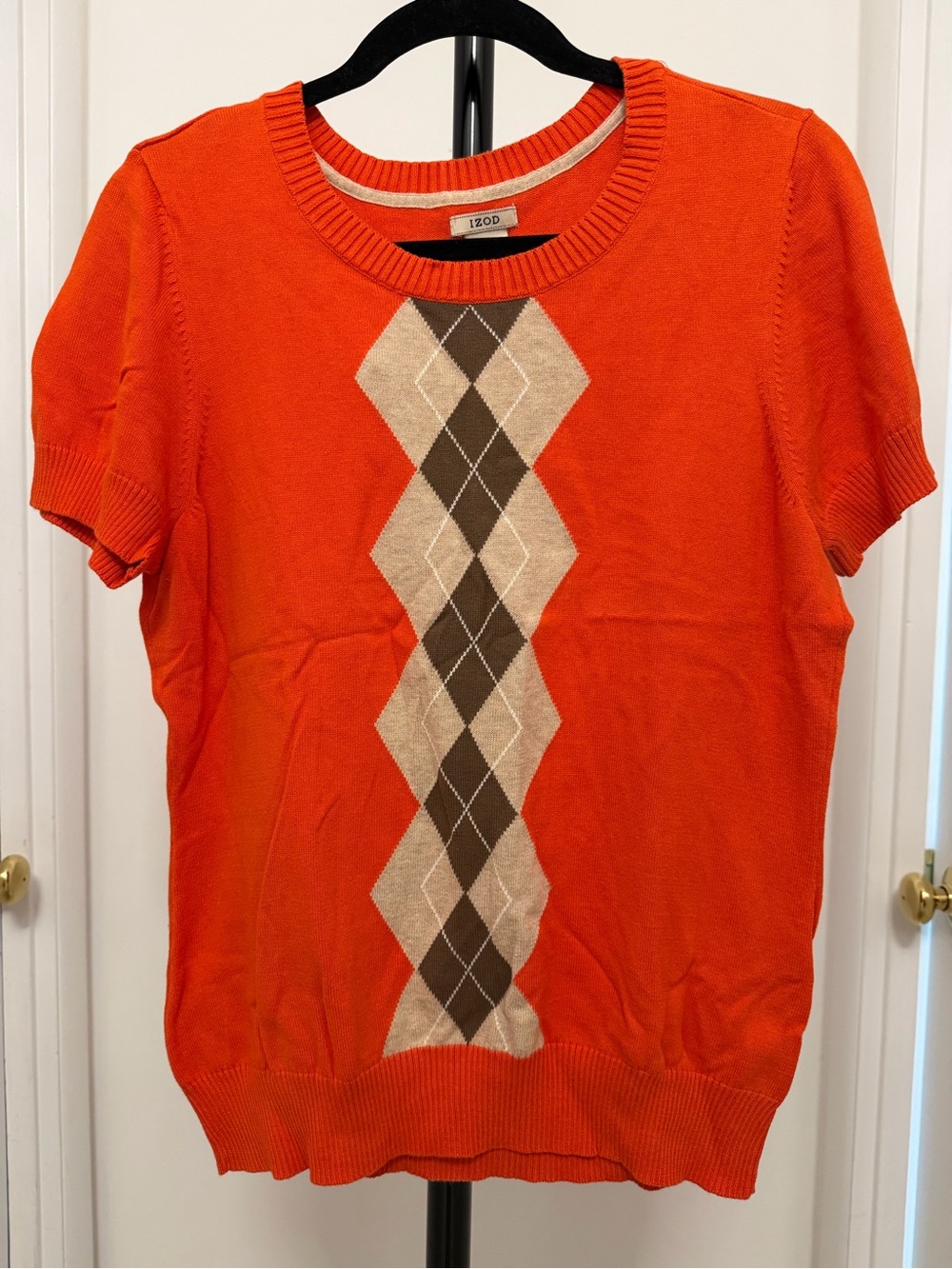 Izod Orange Short-Sleeve Crewneck Sweater with Beige & Brown Argyle